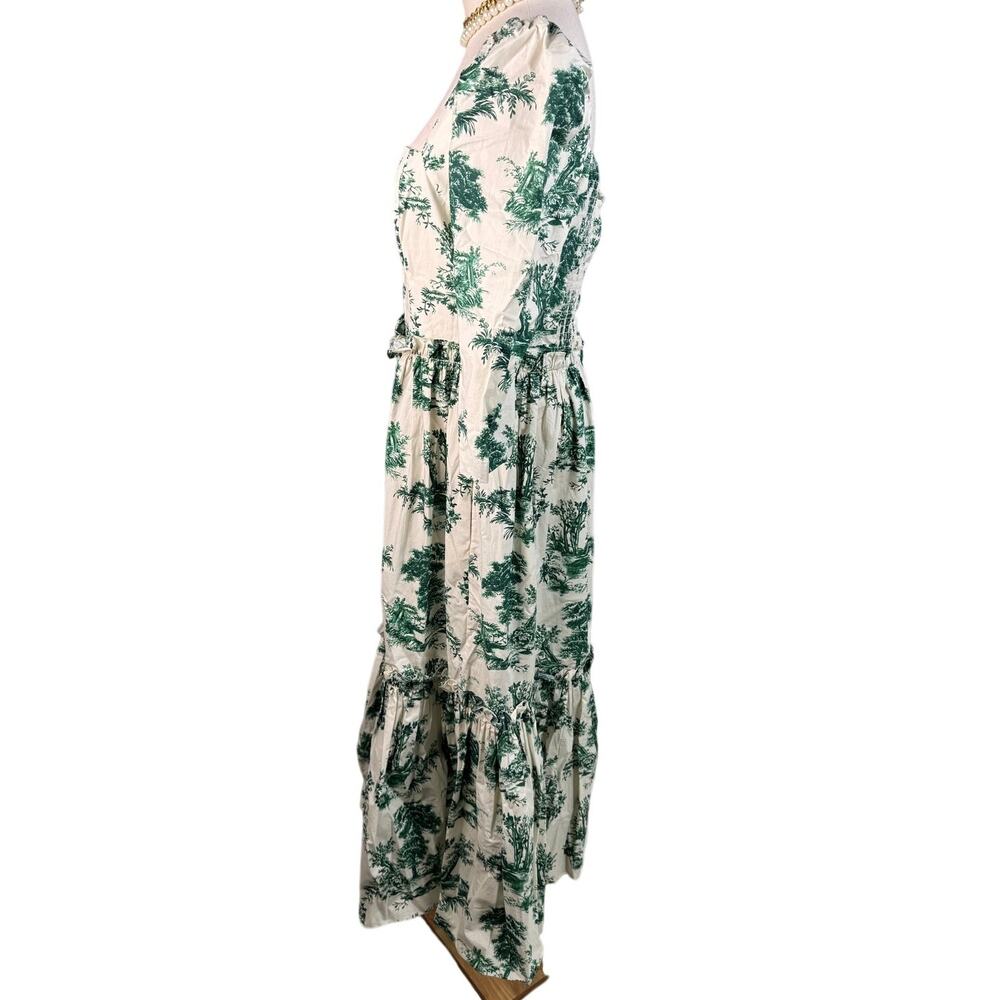Cara Cara Blue Hill Toile Midi Dress Size 10 Green Botanical Cotton Garden Party - Picture 9 of 15